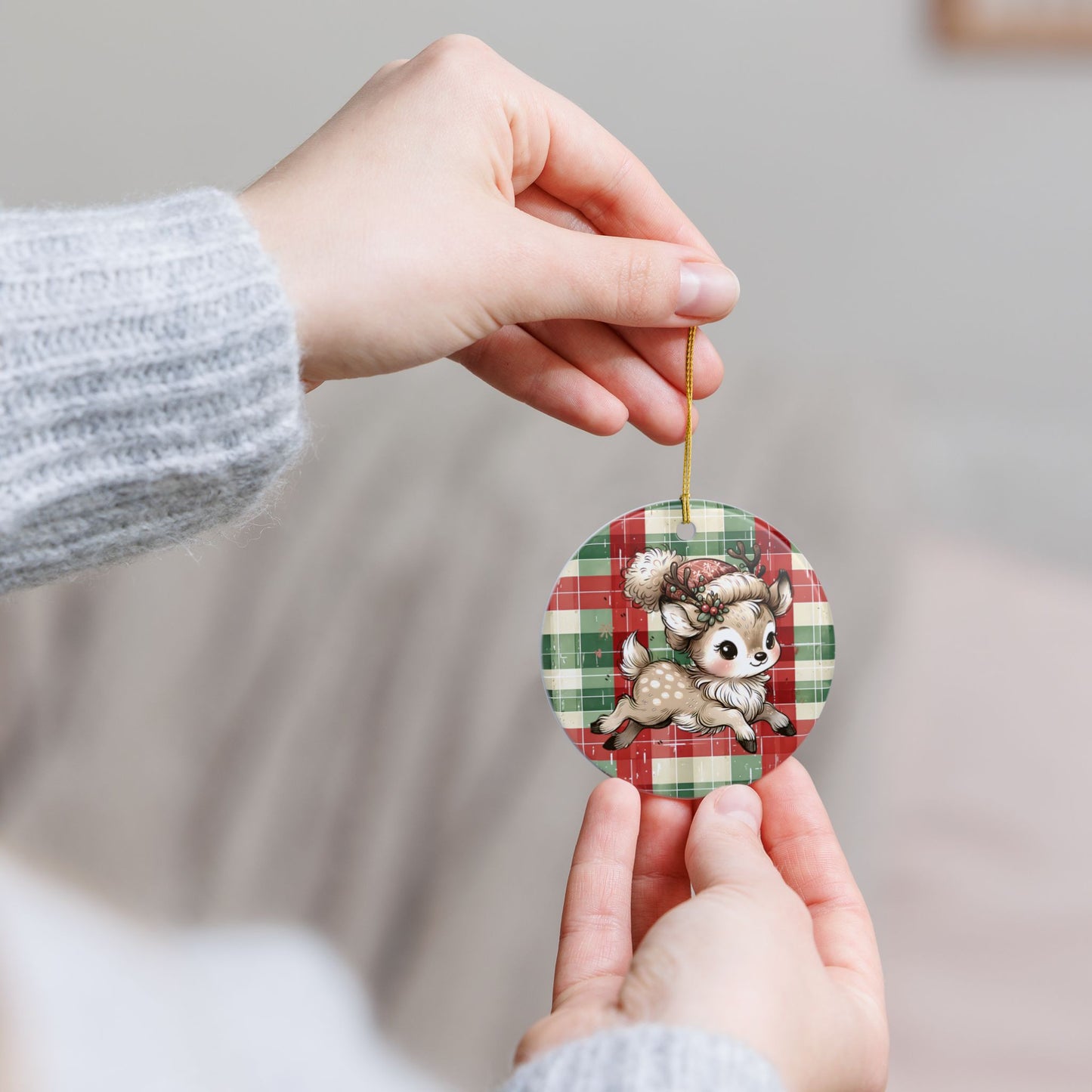 Cute Reindeer Plaid Ceramic Christmas Ornament (Double-Sided)