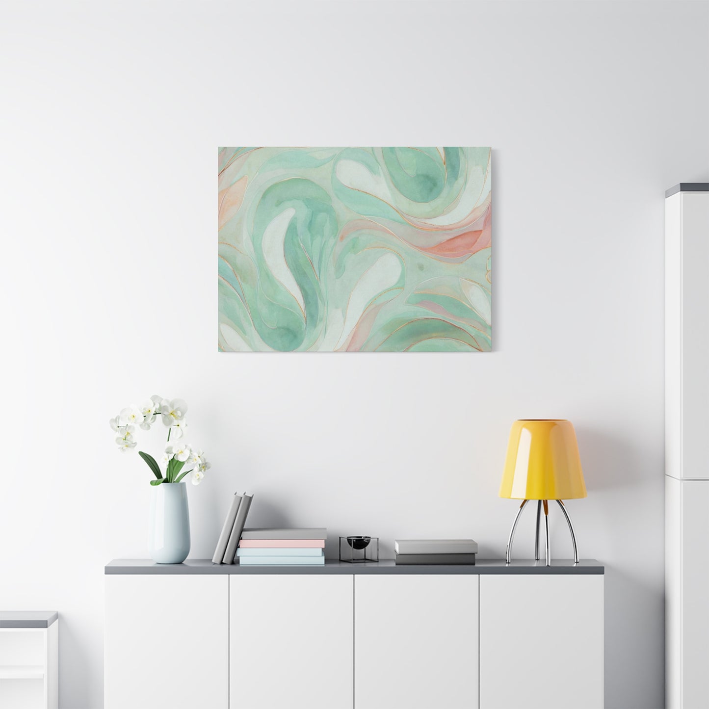 Abstract Green Marble Canvas Print — Teal & Coral Swirl Wall Art
