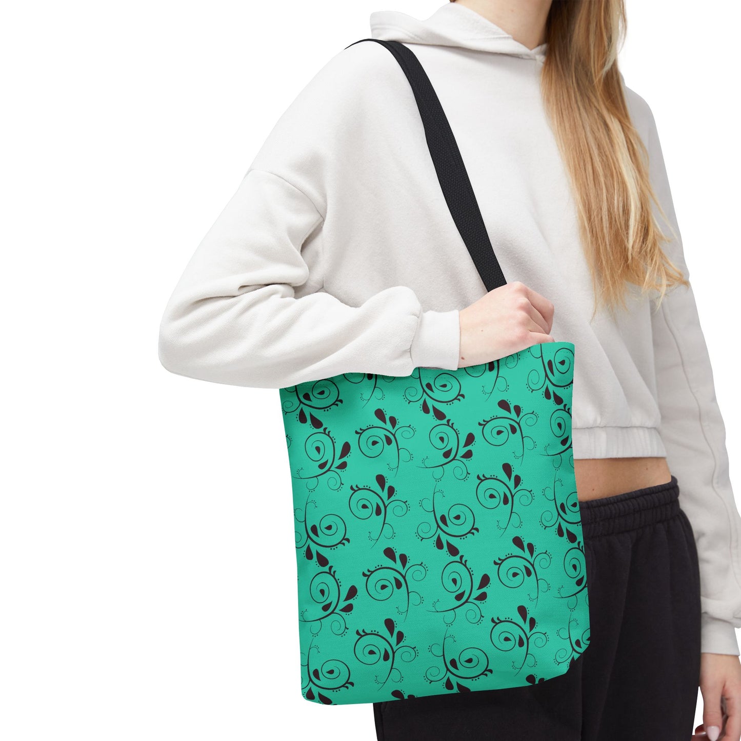 Turquoise Floral Swirl Tote Bag – All-Over Print Stylish Shopping Bag