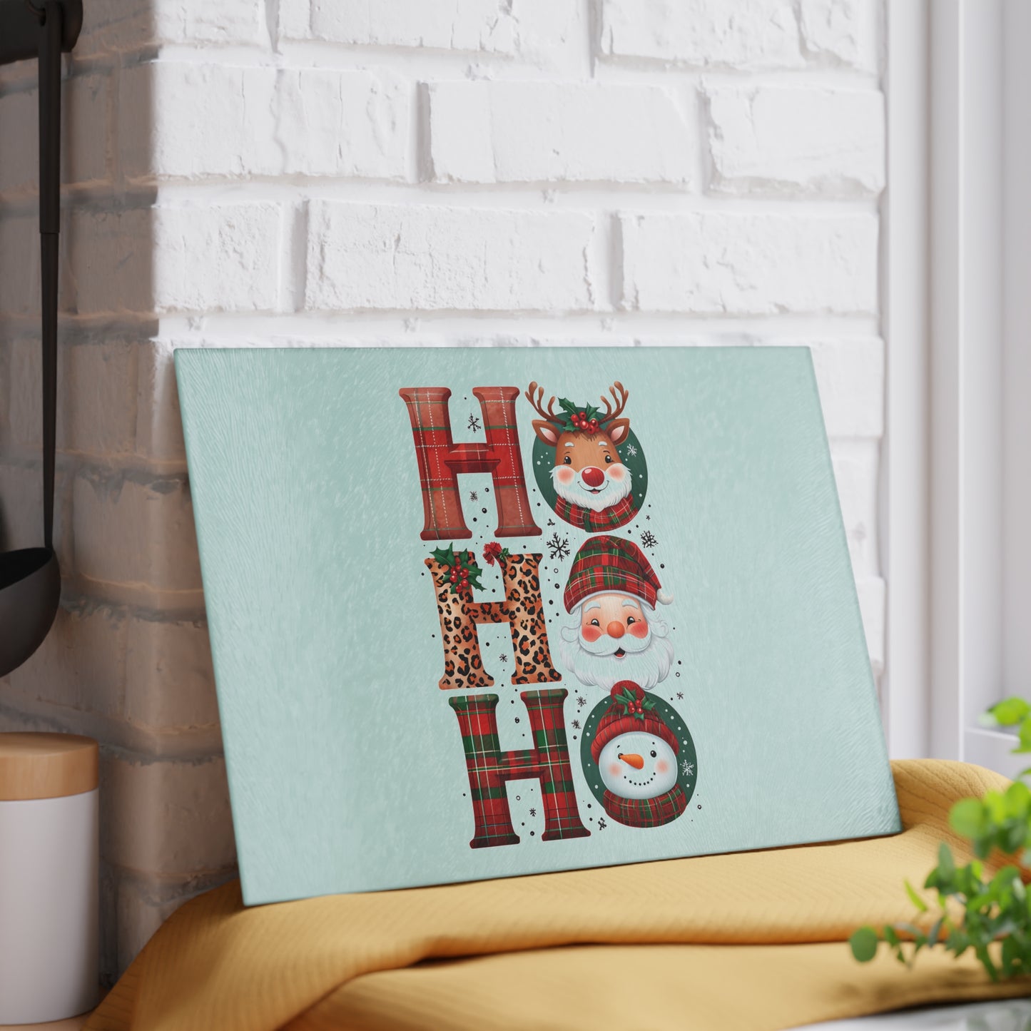 Festive Glass Cutting Board with 'HO HO HO' Design, Holiday Gift, Kitchen Decor, Seasonal Cooking, Christmas Party