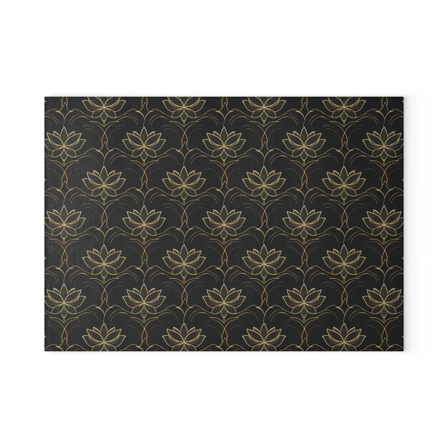 Lotus Pattern Glass Cutting Board — Elegant Black & Gold Kitchen Board