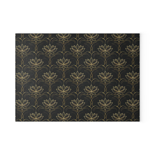 Lotus Pattern Glass Cutting Board — Elegant Black & Gold Kitchen Board