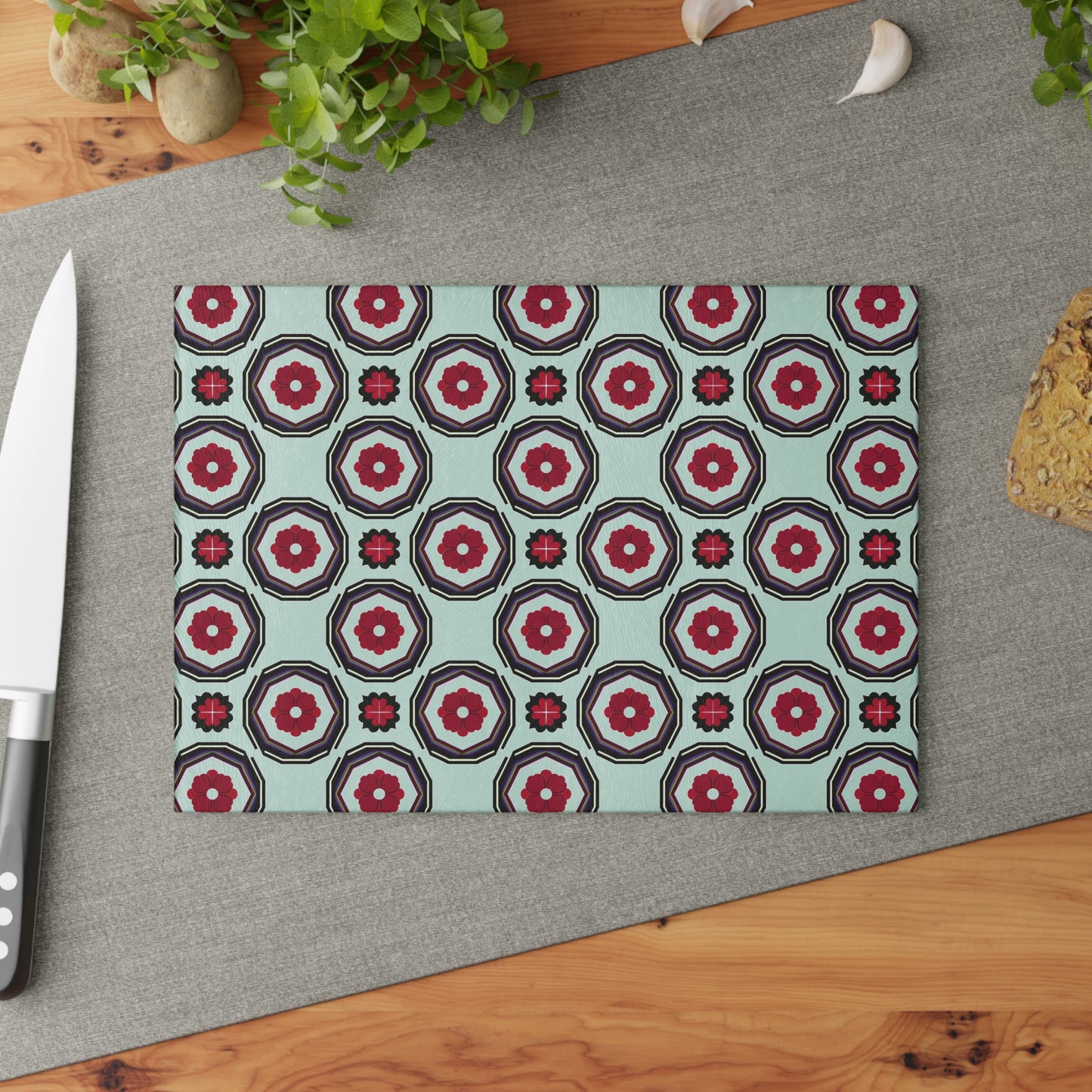 Retro Geometric Glass Cutting Board — Mint & Burgundy Pattern