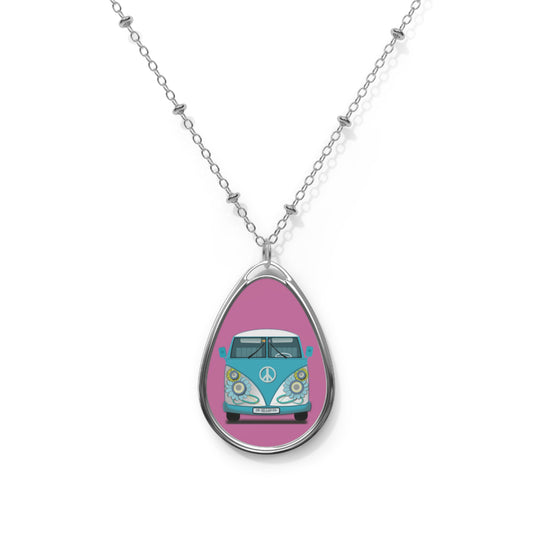 Vintage Inspired Oval Necklace with Retro Van Design, Boho Jewelry, Gift for Adventure Lovers, Summer Accessories, Festival Jewelry