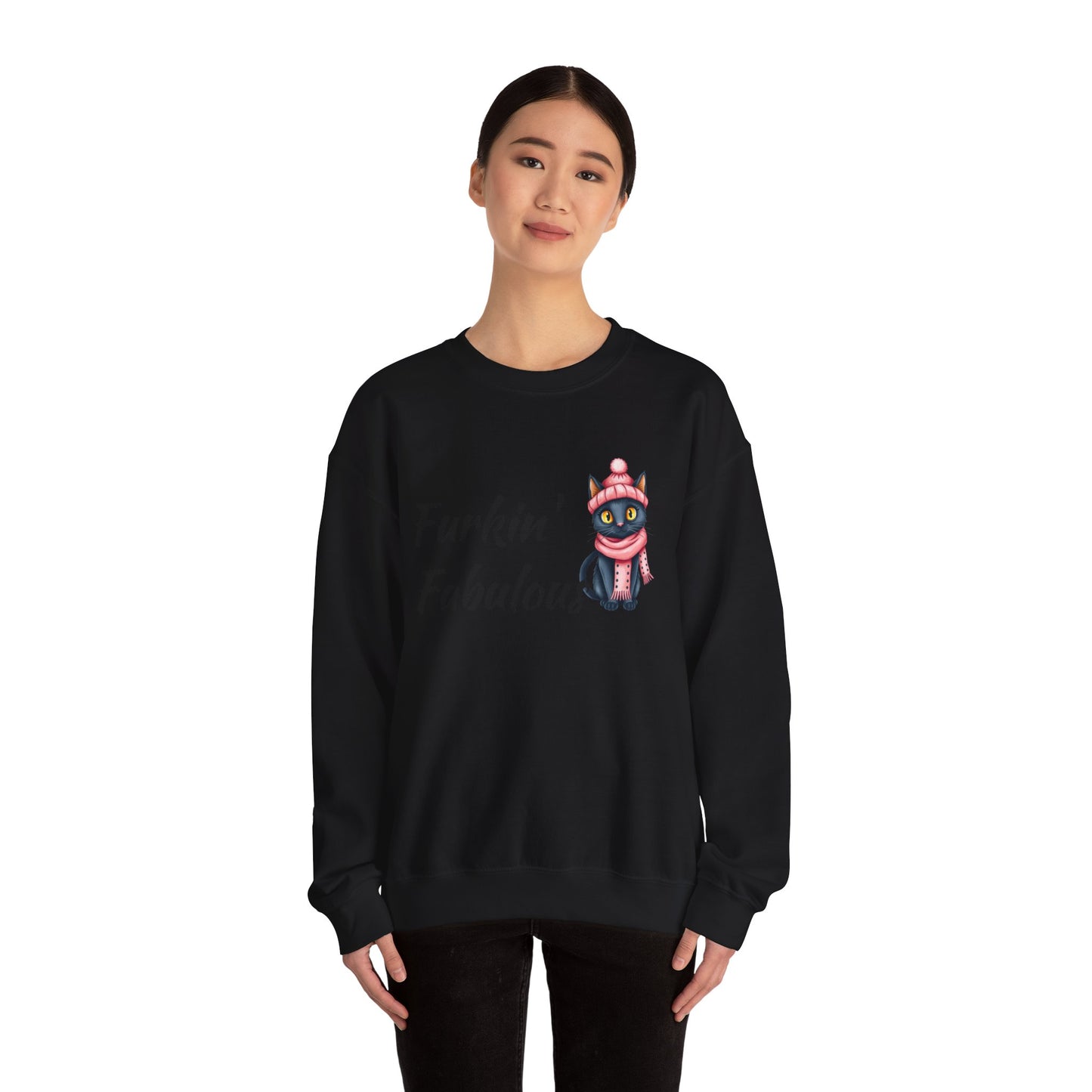 Crewneck Sweatshirt — "Furkin' Fabulous" Cute Black Cat in Pink Hat & Scarf