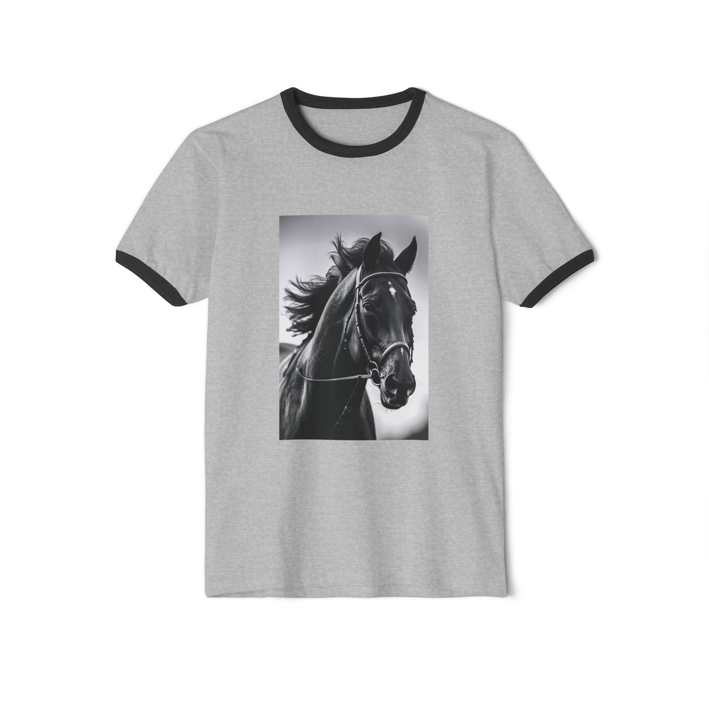 Horse Portrait Ringer T-Shirt — Black Stallion Graphic Tee for Equestrian Lovers
