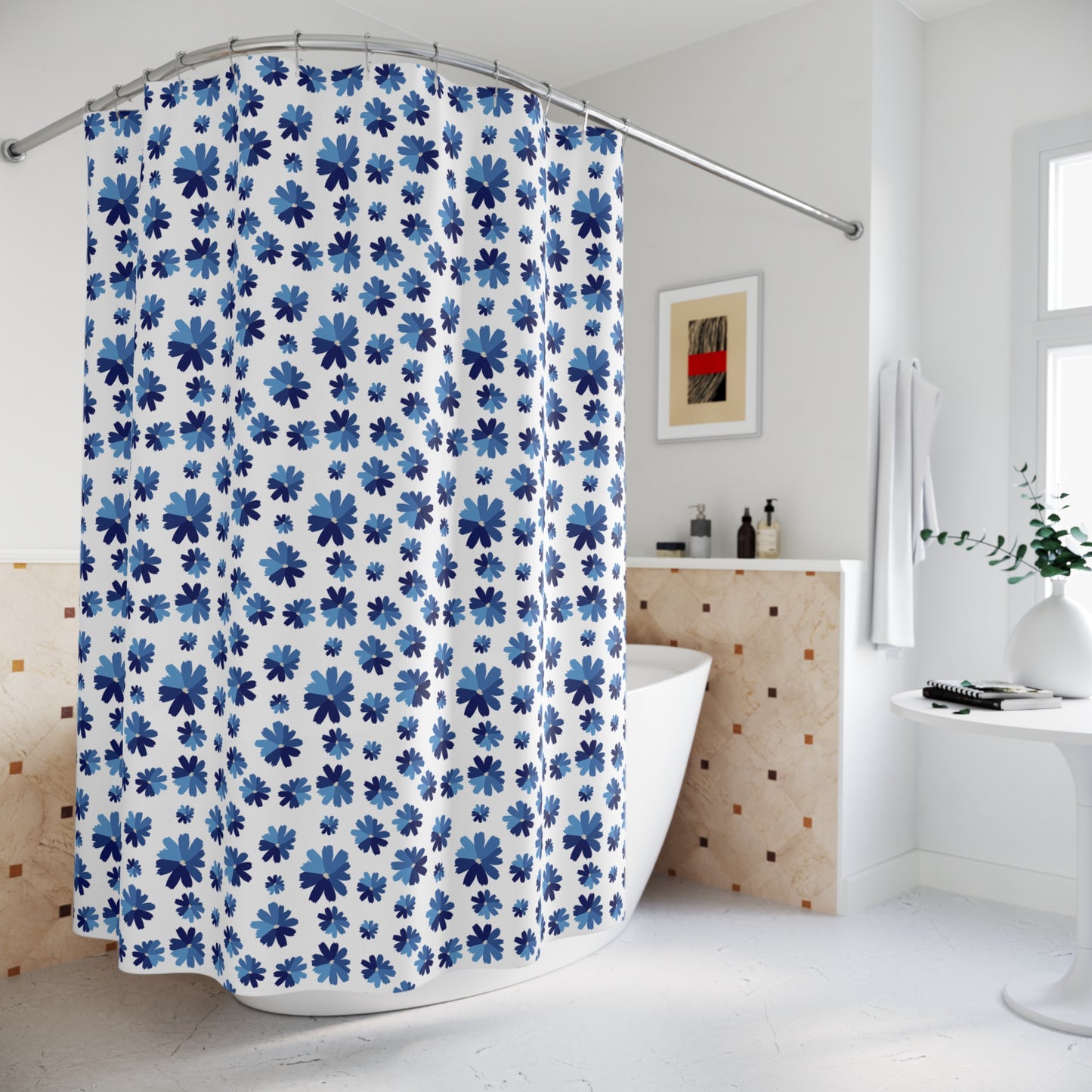 Floral Print Shower Curtain - Vibrant Bathroom Decor, Blue and White, Modern Home Accessory, Gift Idea for Housewarming, Nature Inspired