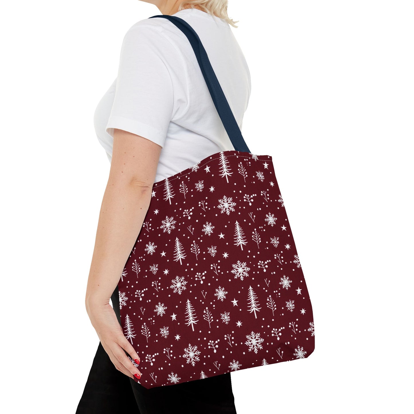Christmas Snowflake Tote Bag – Burgundy Holiday Patterned Carryall