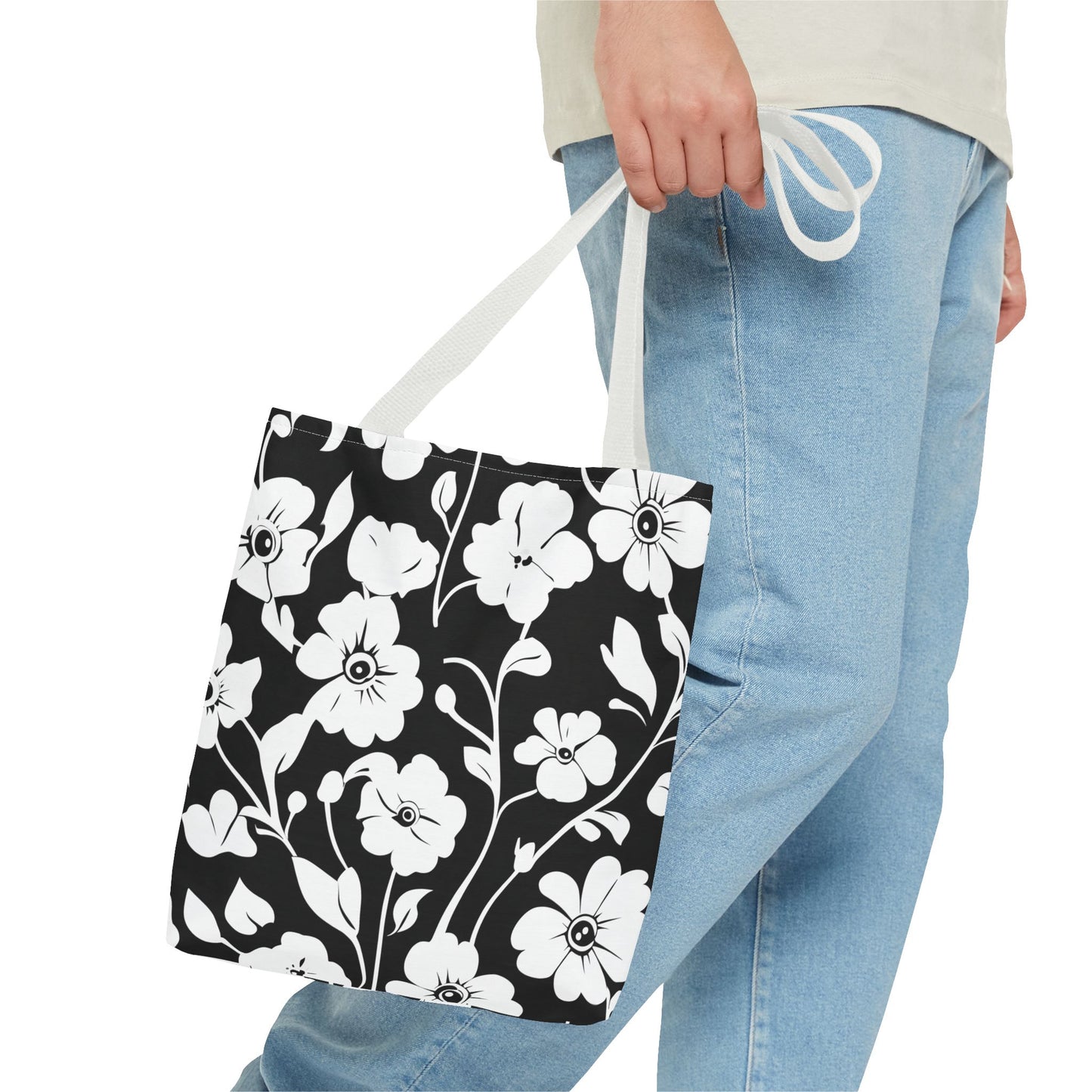 Elegant Floral Tote Bag, Black and White Tote, Eco-Friendly Shopping Bag