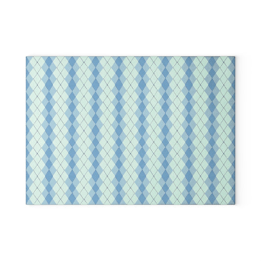 Argyle Pattern Glass Cutting Board — Blue Pastel Kitchen Prep Board