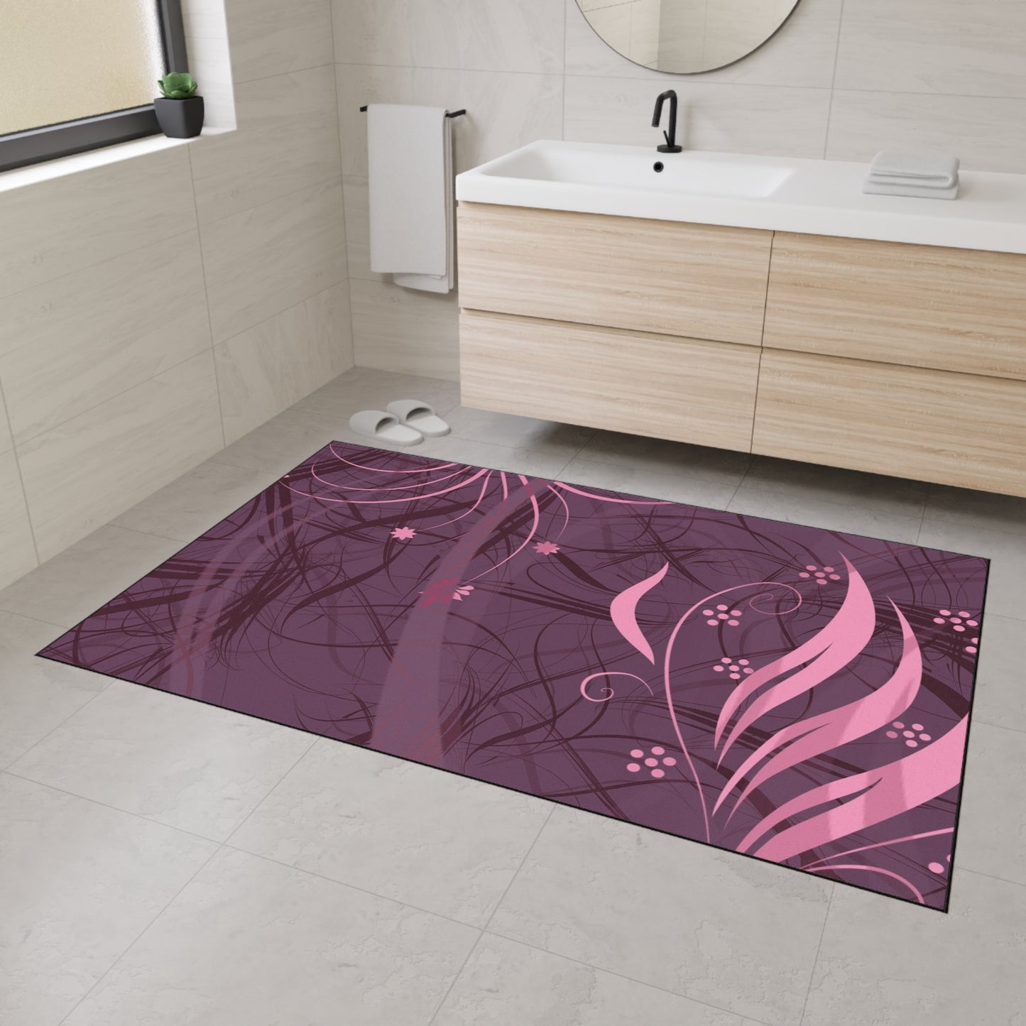 Floral Plum Heavy-Duty Floor Mat — Pink Swirl Entrance Rug