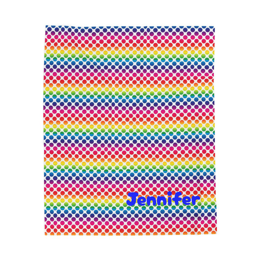 Personalized Velveteen Plush Blanket, Rainbow Polka Dot Throw, Cozy Home Decor, Gift for Kids, Custom Name Blanket, Soft Snuggle Blanket