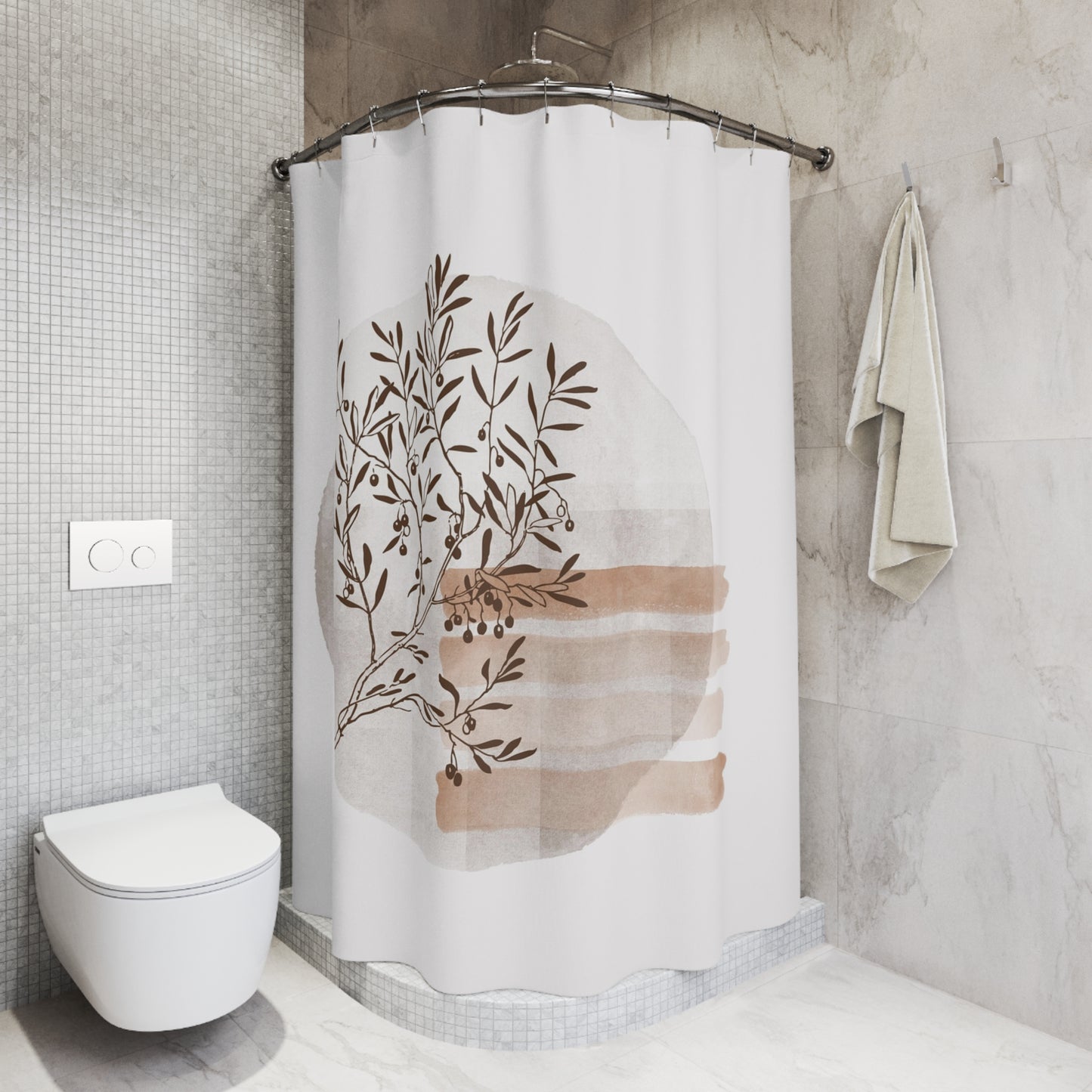 Botanical Neutral Shower Curtain — Minimal Olive Branch Bath Decor