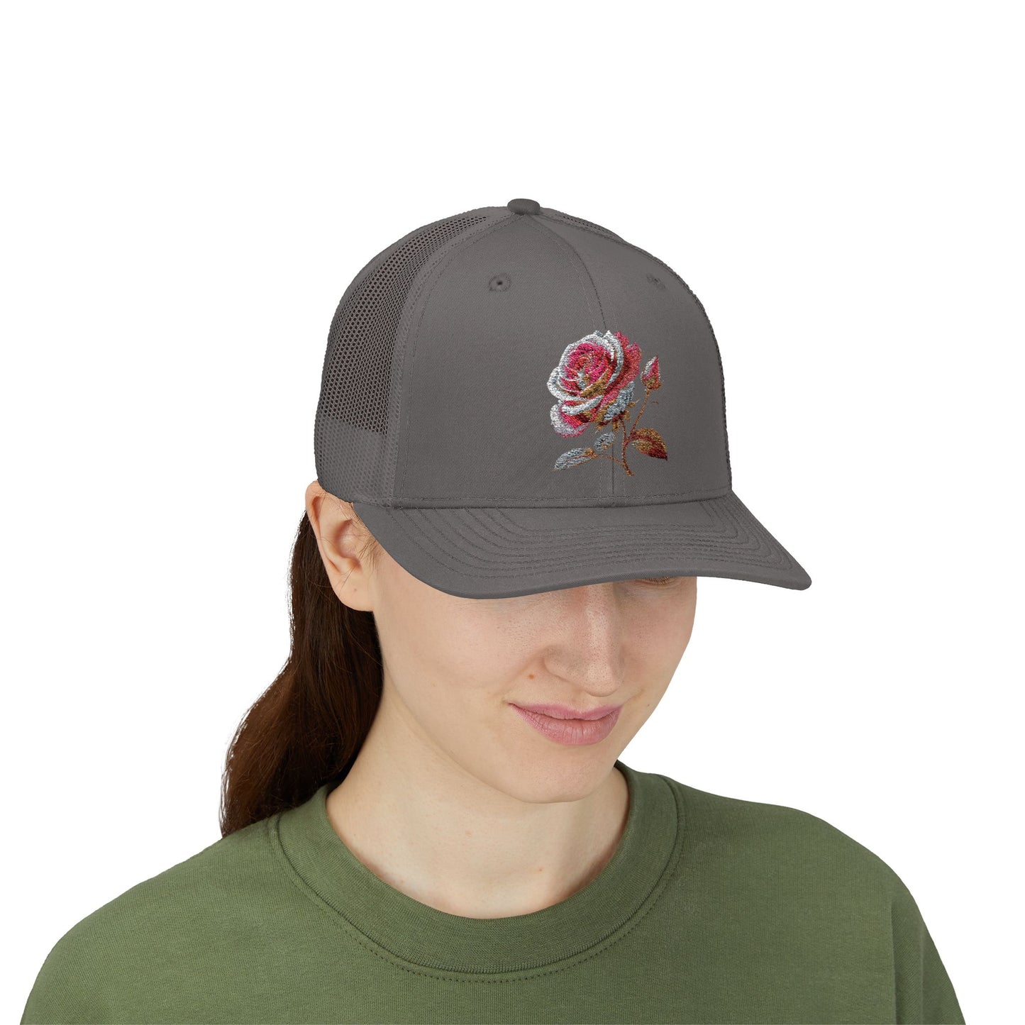 Rose Embellished Snapback Trucker Cap, Casual Hat for Outdoor Events, Gift for Flower Lovers, Stylish Fashion Accessory, Holiday Cap