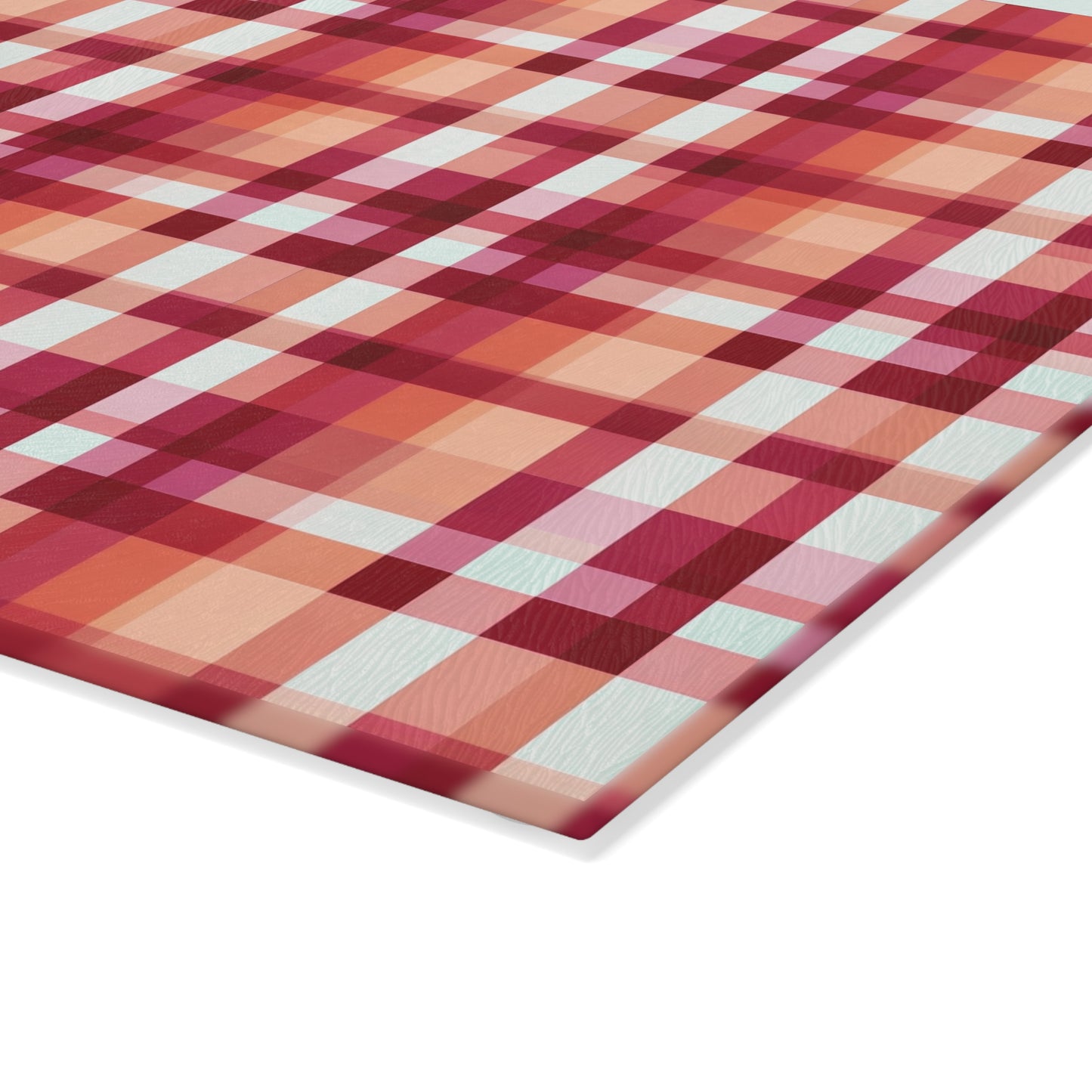 Plaid Glass Cutting Board – Warm Red & Peach Patterned Kitchen Board