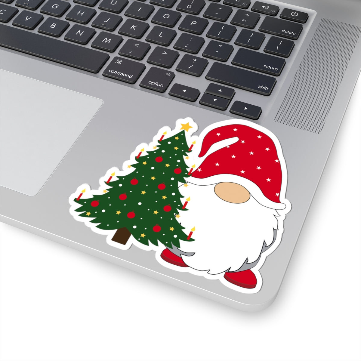 Christmas Gnome Kiss-Cut Sticker – Santa Hat & Decorated Tree Holiday Decal
