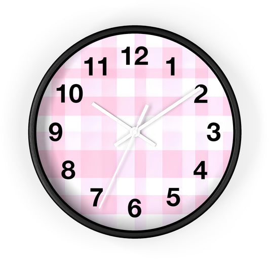 Pink Gingham Wall Clock — Cute Check Pattern Clock for Nursery & Kitchen