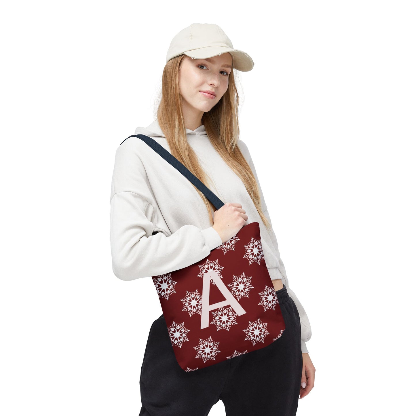Monogram A Snowflake Tote Bag — Personalized Holiday AOP Tote