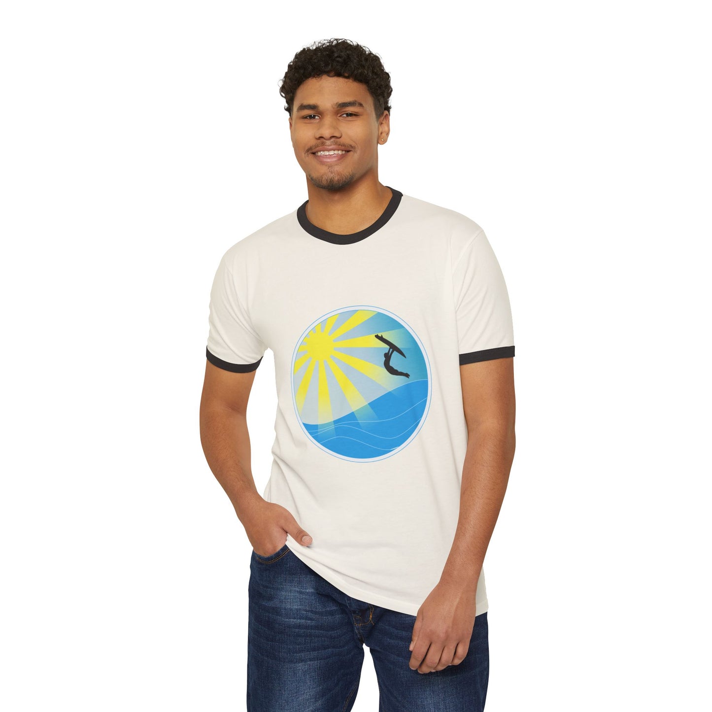 Surf Circle Ringer T-Shirt – Sunny Wave & Surfer Graphic