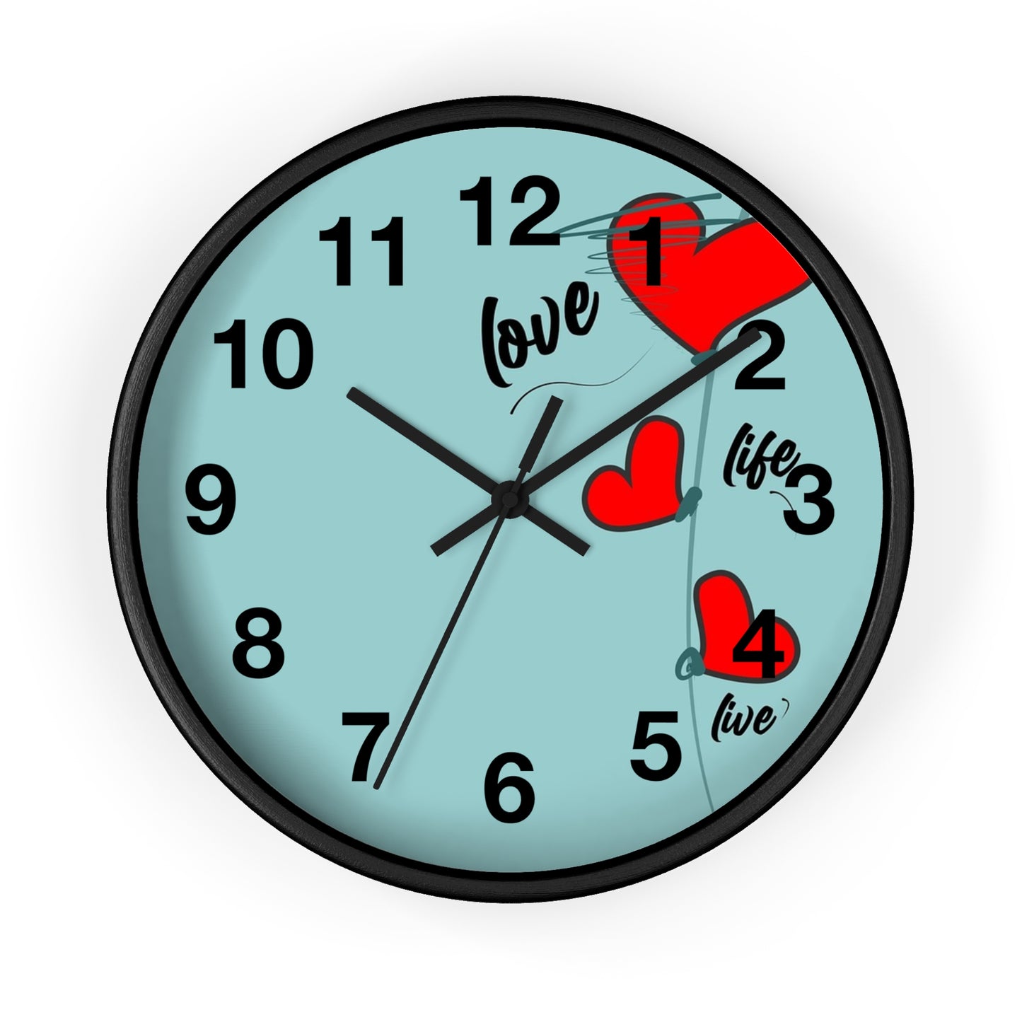 Love Hearts Wall Clock — Retro Teal Clock with Red Hearts & 'Love' Typography
