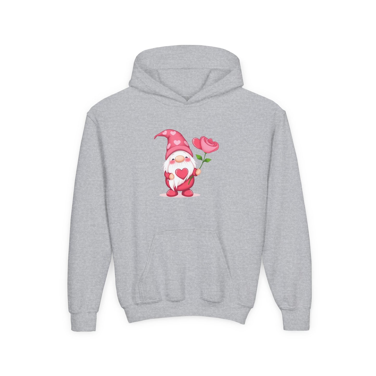 Valentine Gnome Kids Hoodie — Cute Pink Gnome Holding Rose Youth Sweatshirt