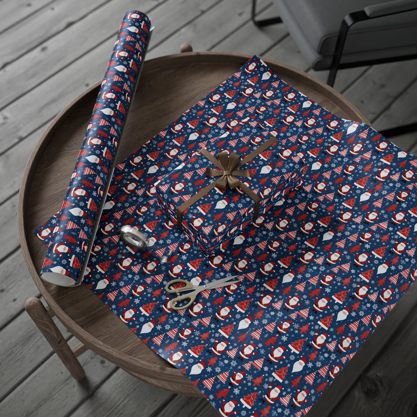 Christmas Santa Wrapping Paper Roll — Blue Festive Holiday Gift Wrap with Santa, Snowflakes & Stockings