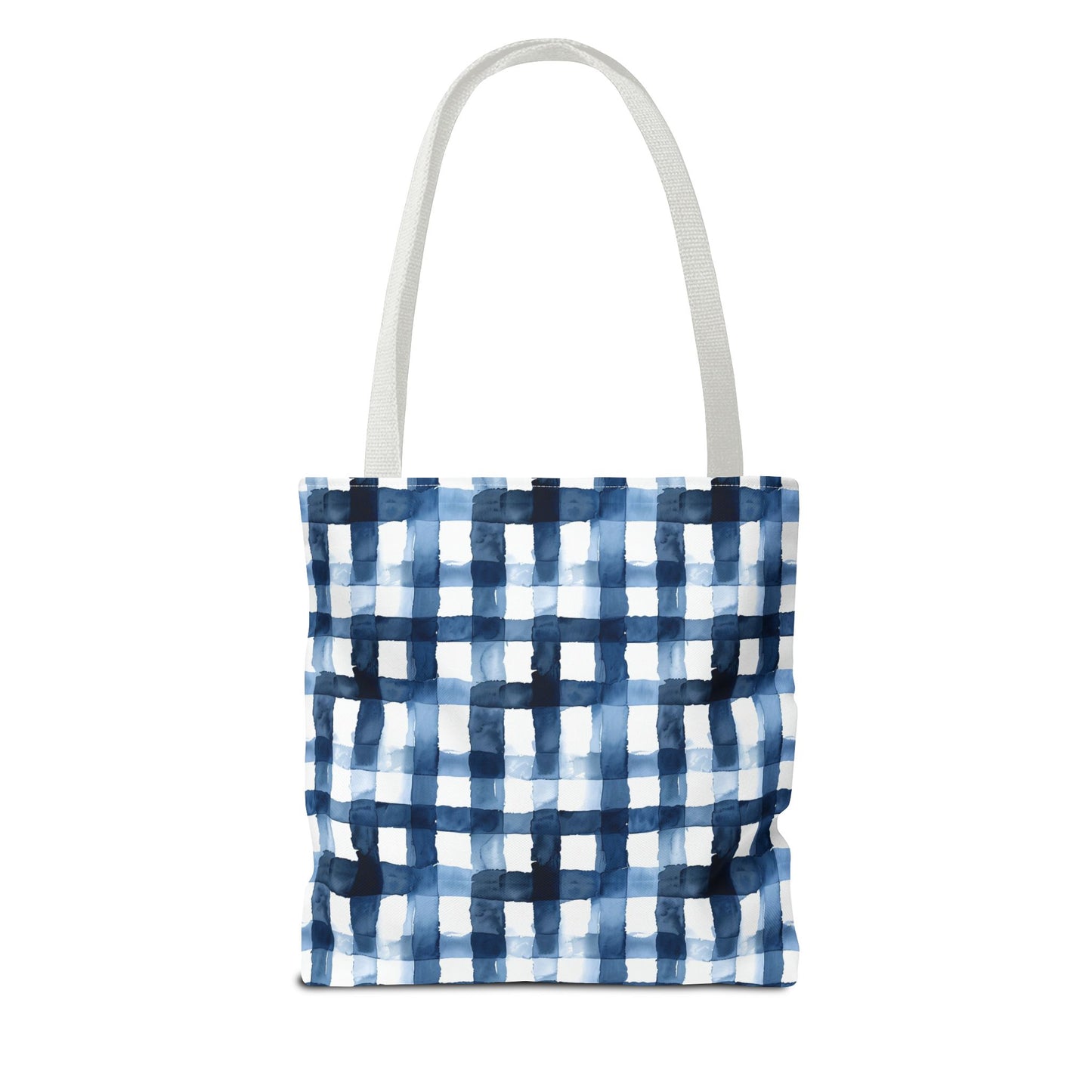 Blue Watercolor Plaid Tote Bag — Navy Check Pattern All-Over Print