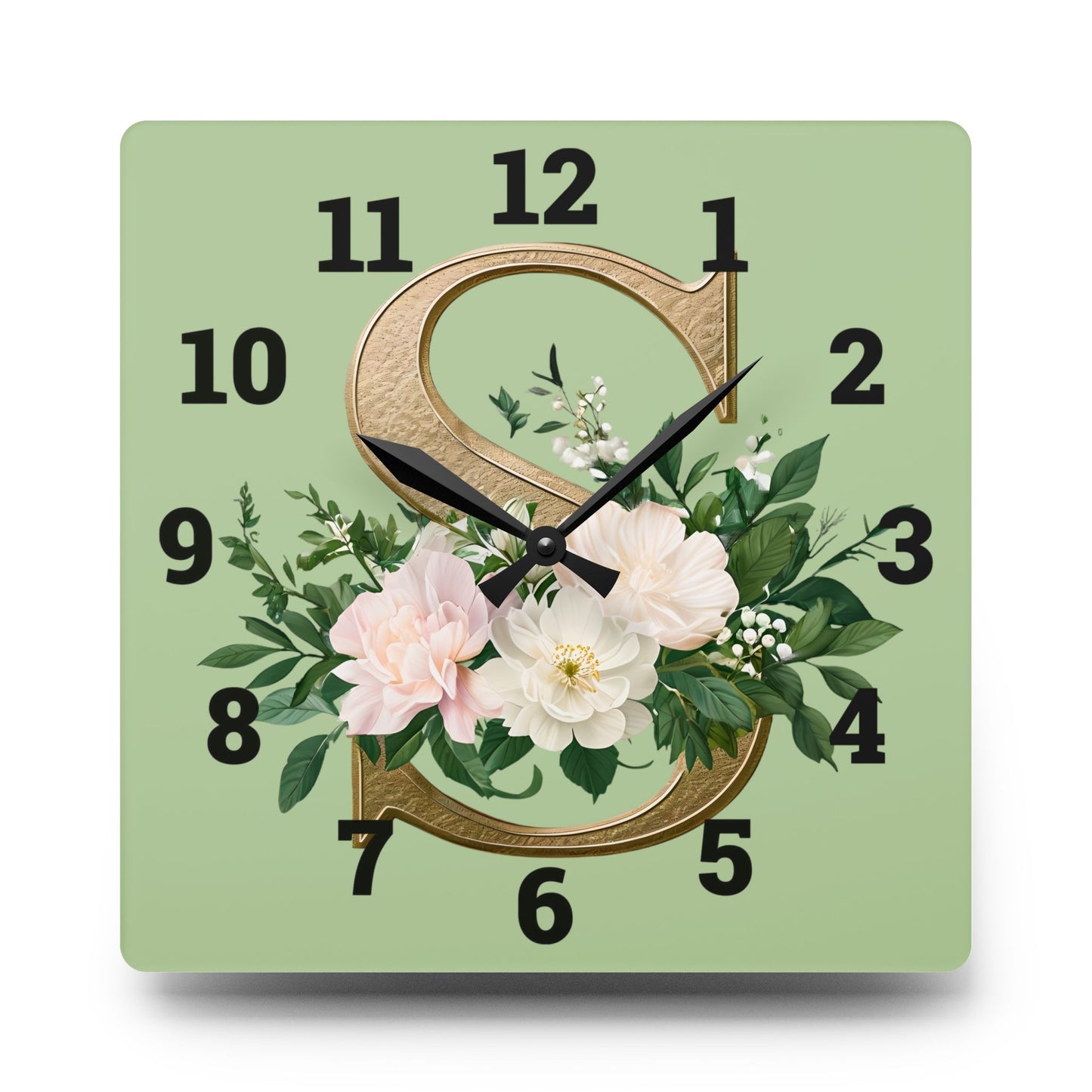Floral Initial Acrylic Wall Clock, Elegant Home Décor