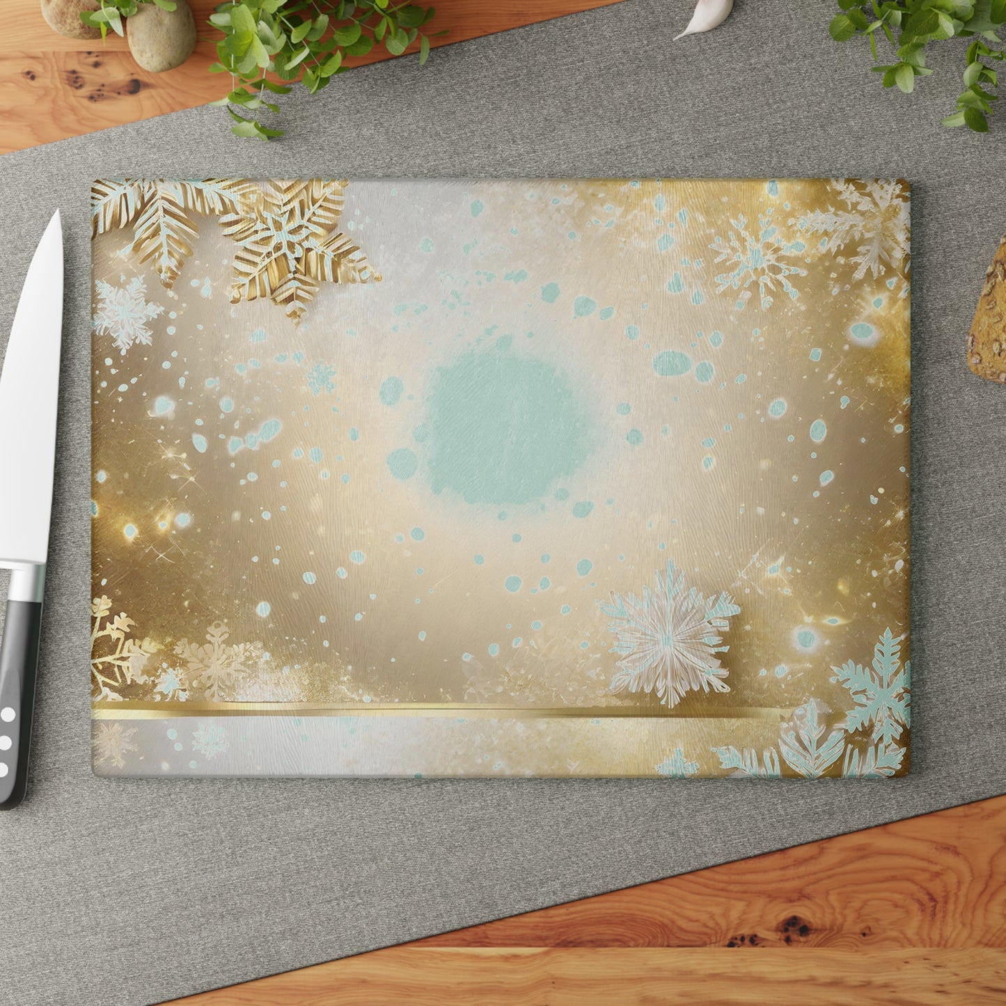 Festive Gold Snowflake Glass Cutting Board — Holiday Decorative Chopping Board