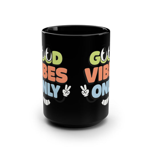 Good Vibes Only Black 15oz Mug — Retro Peace Sign Coffee Cup