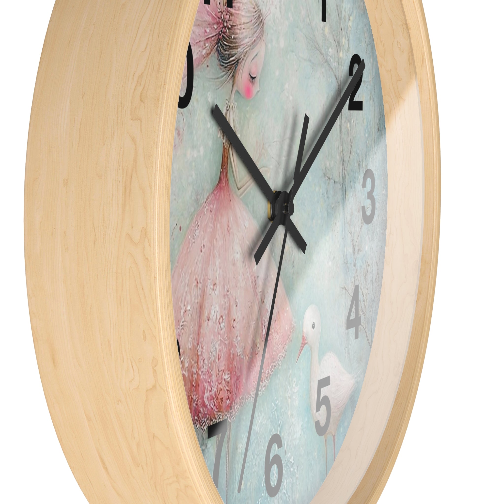 Whimsical Girl & Swan Wall Clock — Pastel Nursery Decor