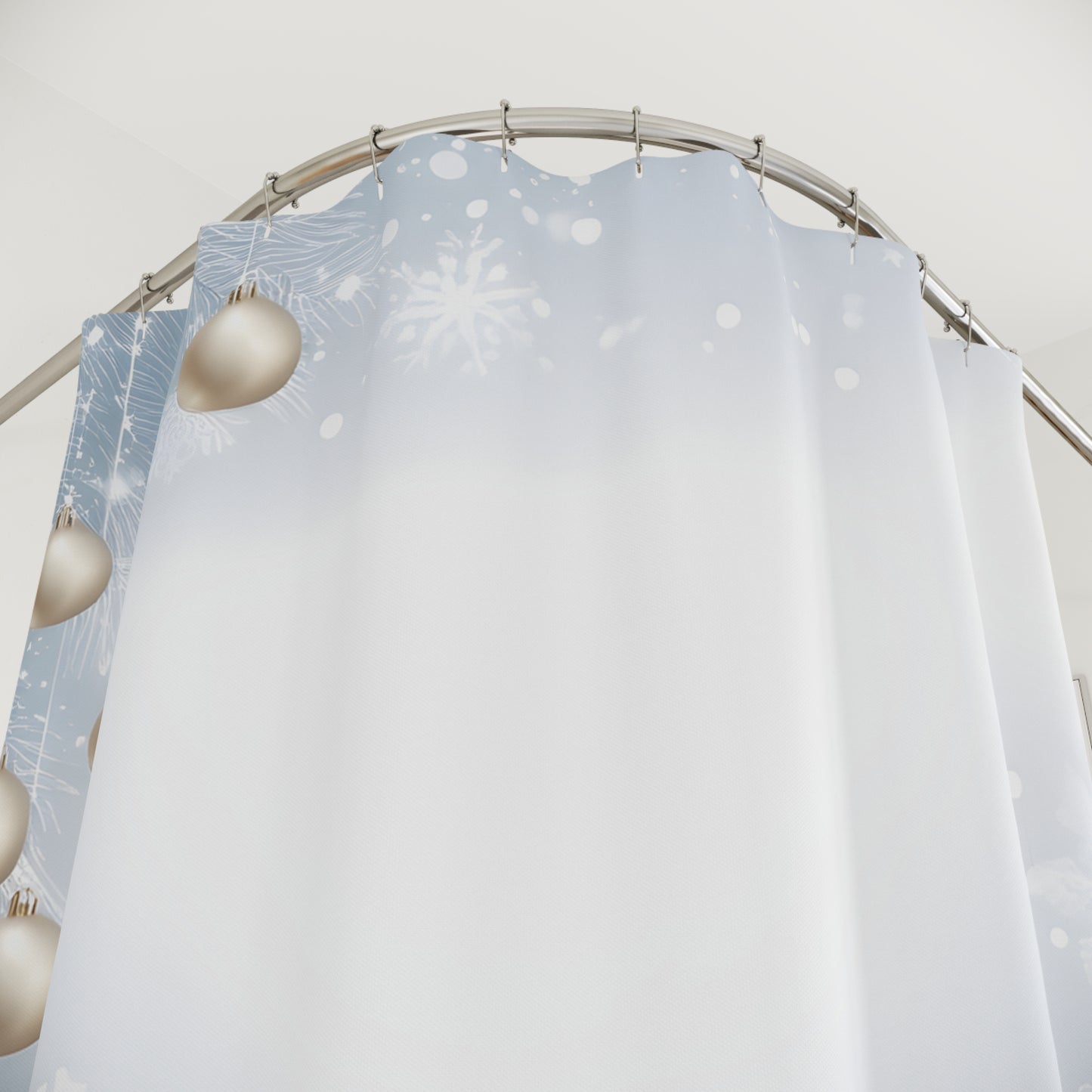 Winter Snowflake Shower Curtain with Silver Ornaments — Holiday Bathroom Decor