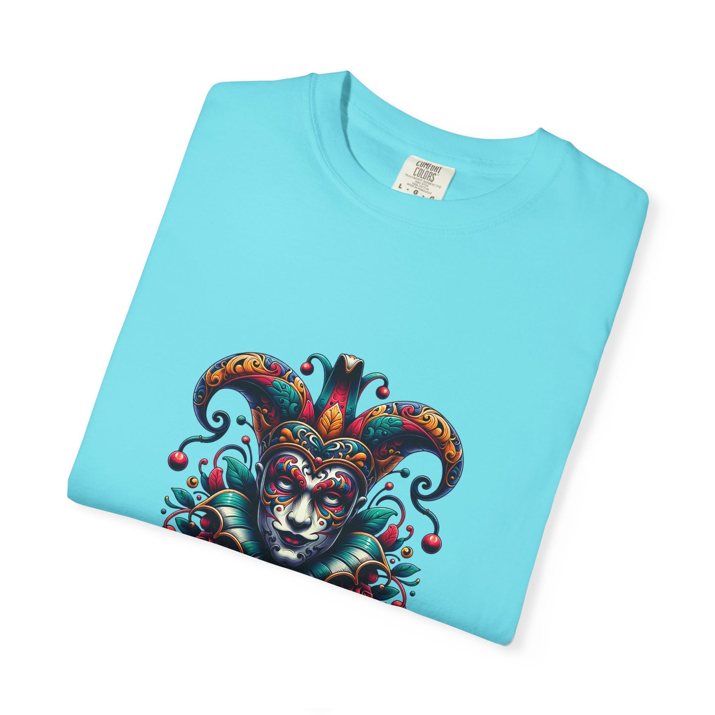 Vibrant Unisex Garment-Dyed T-shirt Featuring Colorful Jester Design, Festival Fashion