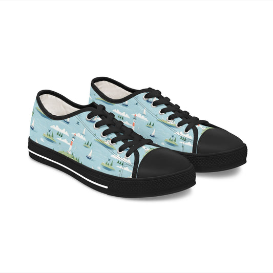 Low Top Sneakers — Nautical Lighthouse Pattern, Cute Coastal Women’s Casual Shoes