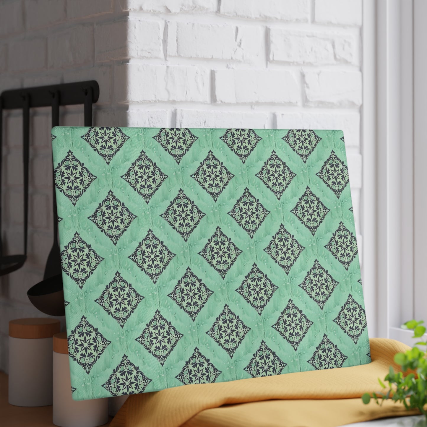 Mint Damask Glass Cutting Board — Decorative Kitchen Chopping Board