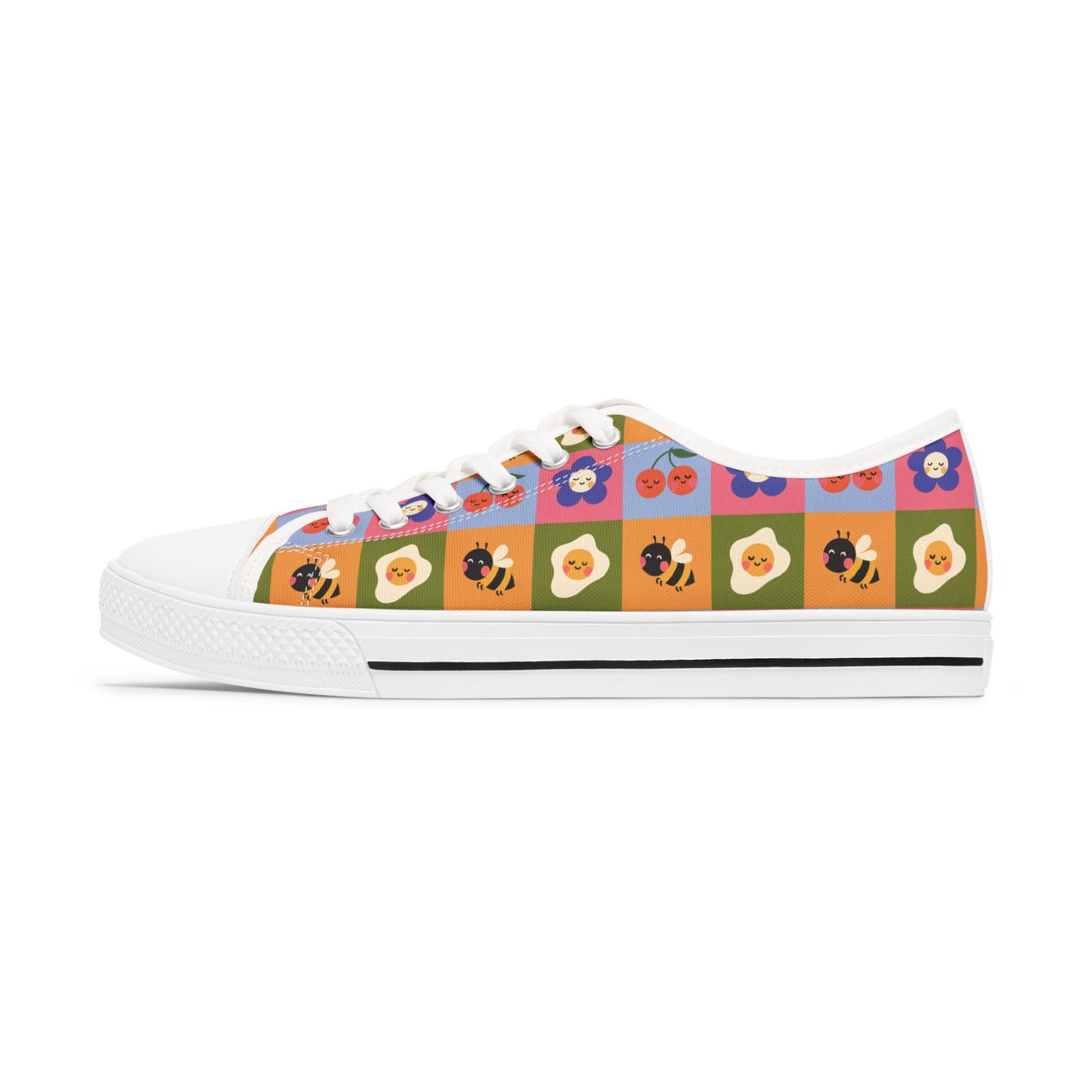 Women's Low Top Sneakers — Retro Floral & Bee Checkerboard Printed Casual Shoes