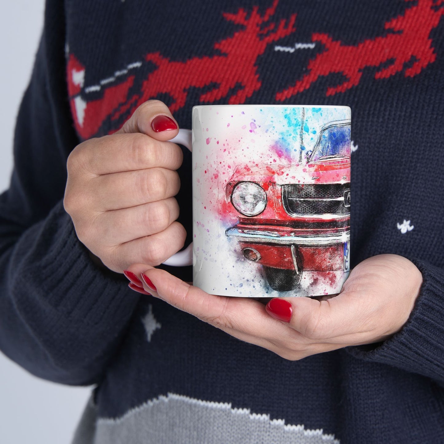 Mustang Front Grill Watercolor Ceramic Mug — Car Enthusiast Coffee Cup (11oz/15oz)