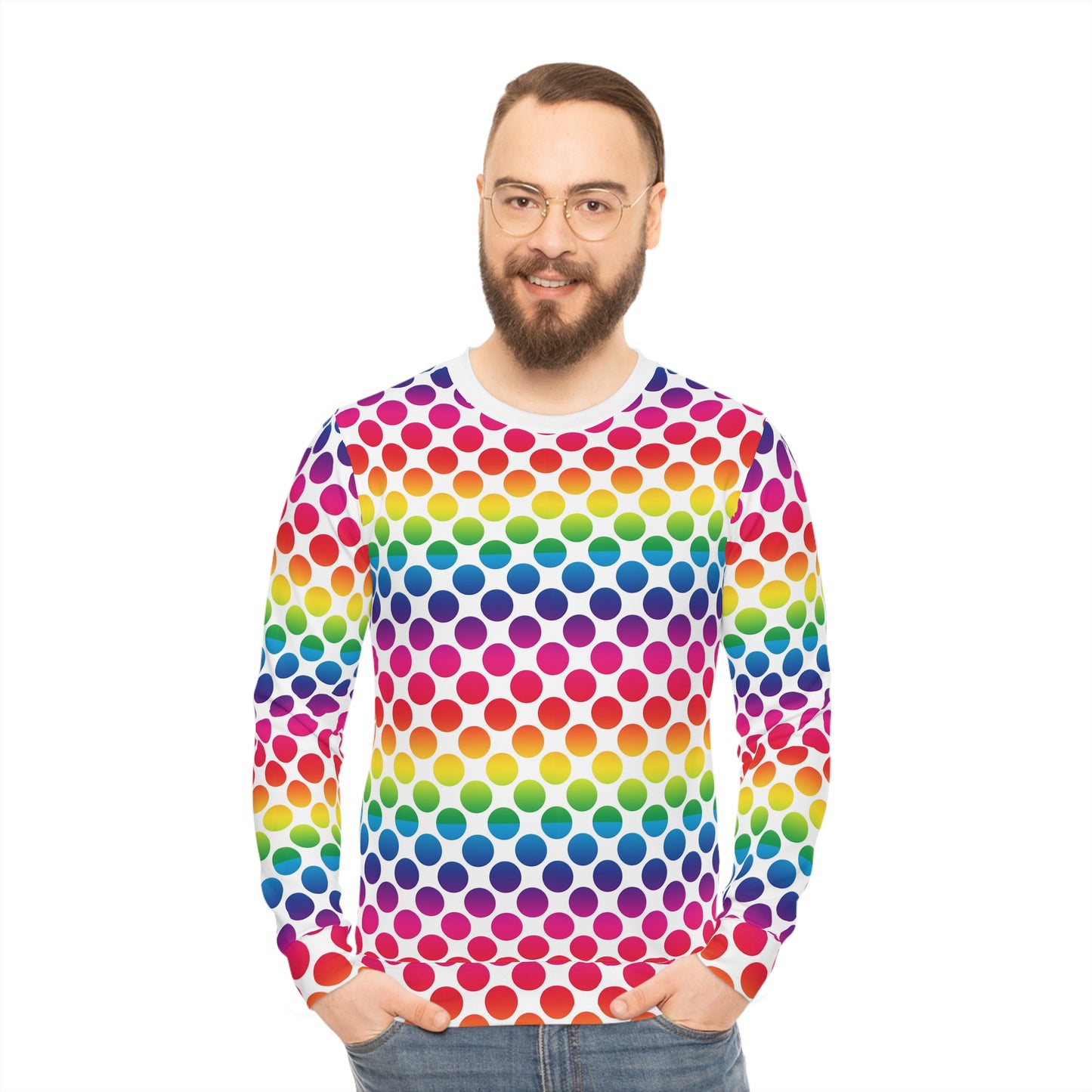 Colorful Dot Print Lightweight Sweatshirt, Rainbow Sweatshirt, AOP Pullover, Casual Cozy Sweater, Vibrant Graphic Top, Gift for Her