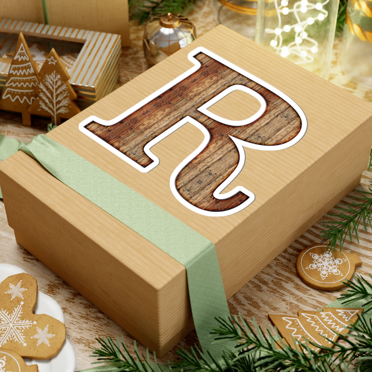 Woodgrain Letter R Kiss-Cut Sticker — Rustic Monogram Laptop Decal