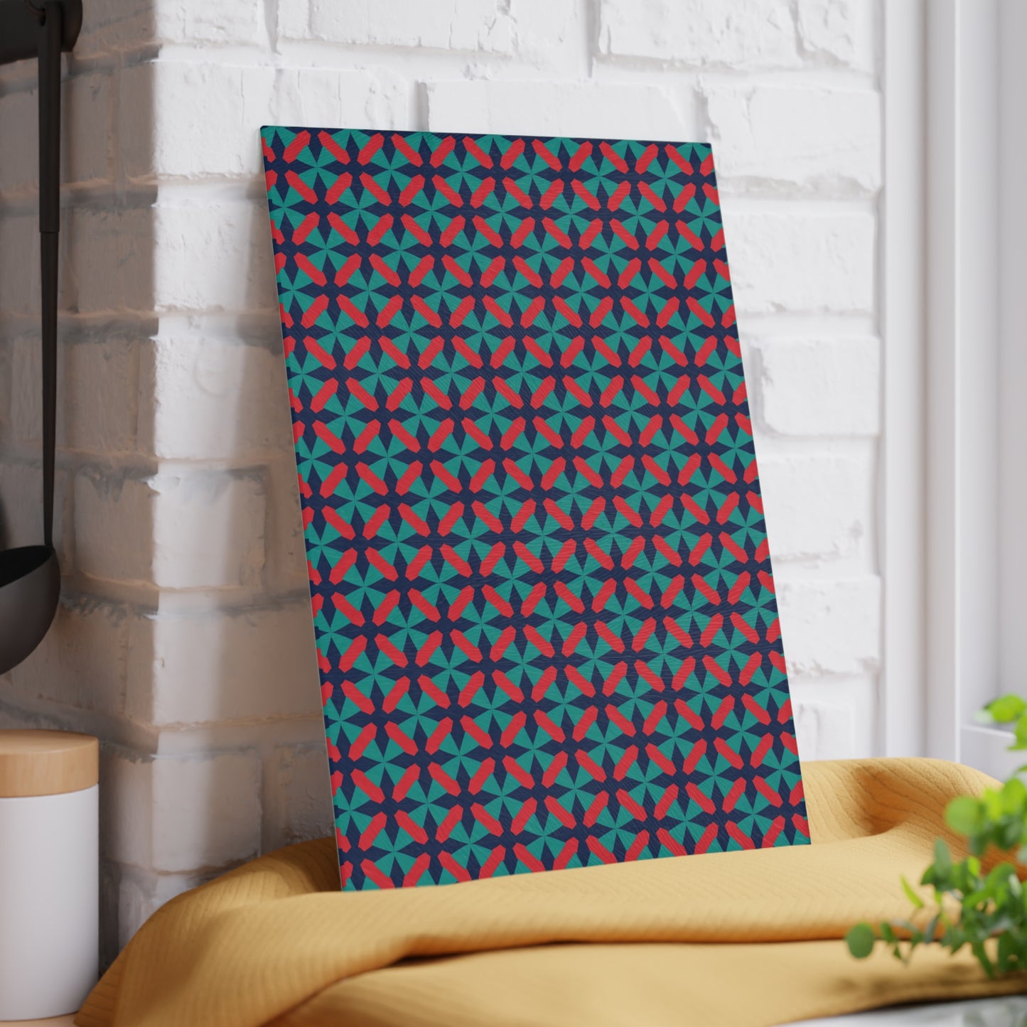 Geometric Star Tile Glass Cutting Board — Red & Teal Kitchen Decor