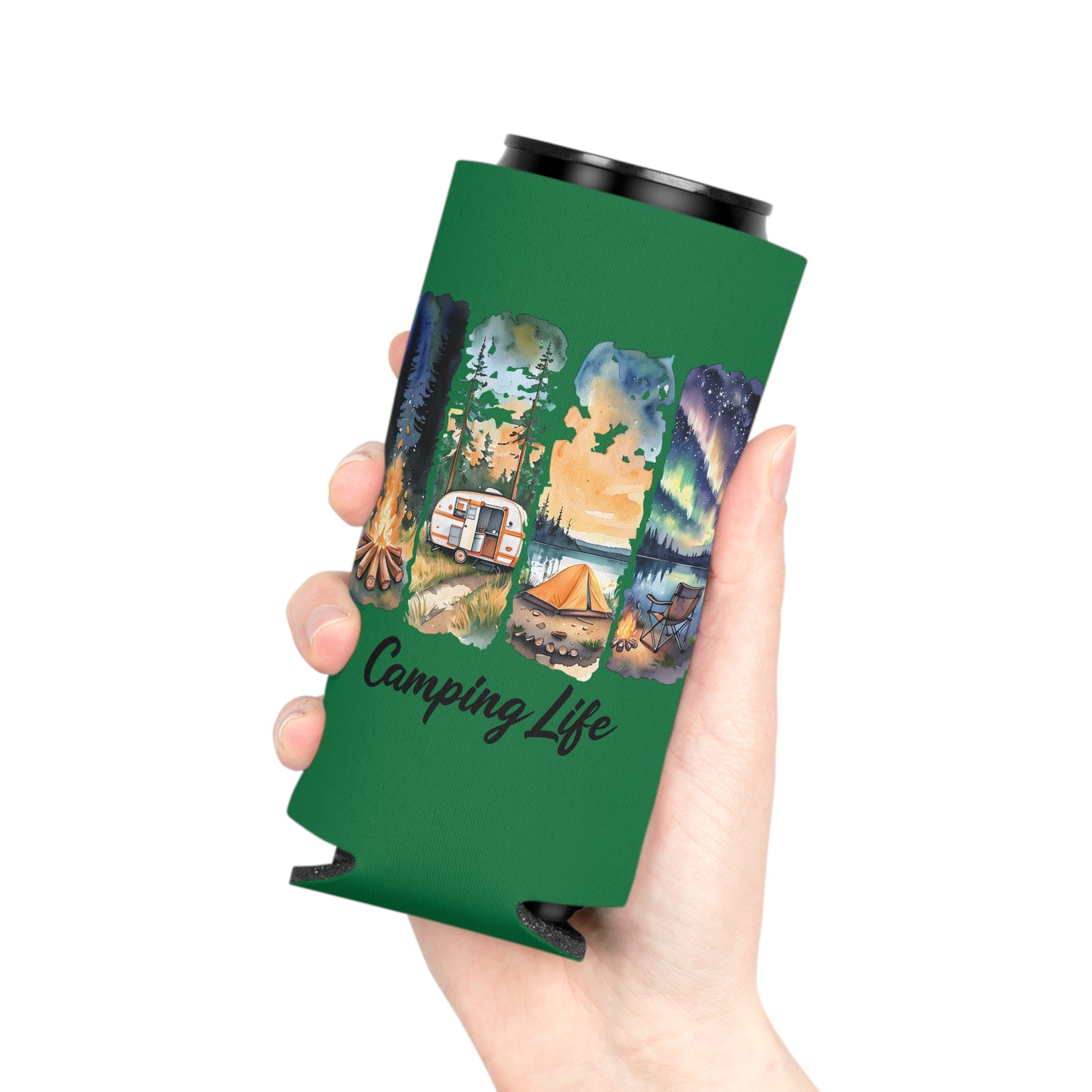 Camping Life Can Cooler – Insulated Beer Cooler with Campsite Watercolor Design
