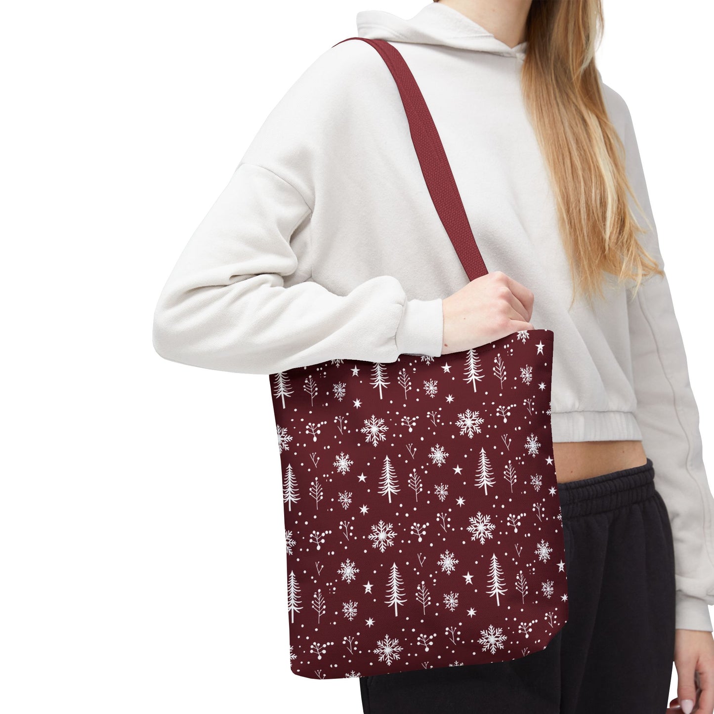Christmas Snowflake Tote Bag – Burgundy Holiday Patterned Carryall
