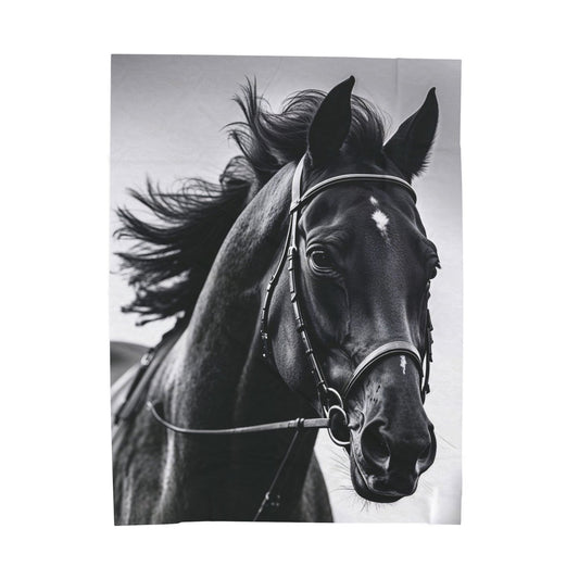 Black Stallion Velveteen Plush Blanket – Photoreal Horse Throw for Equestrian Fans
