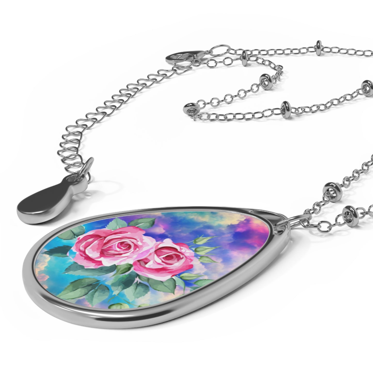 Floral Oval Necklace with Rose Design, Spring Jewelry Gift, Mother's Day, Birthday, Anniversary, Unique Charm