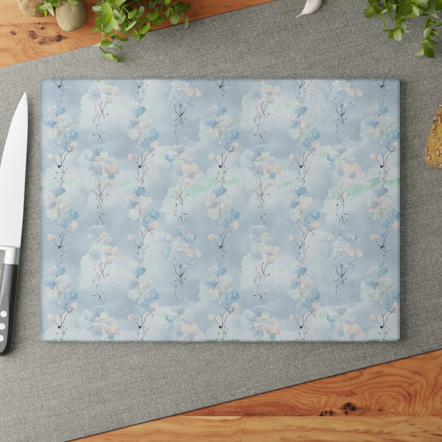 Glass Cutting Board — Soft Blue Watercolor Floral Pattern