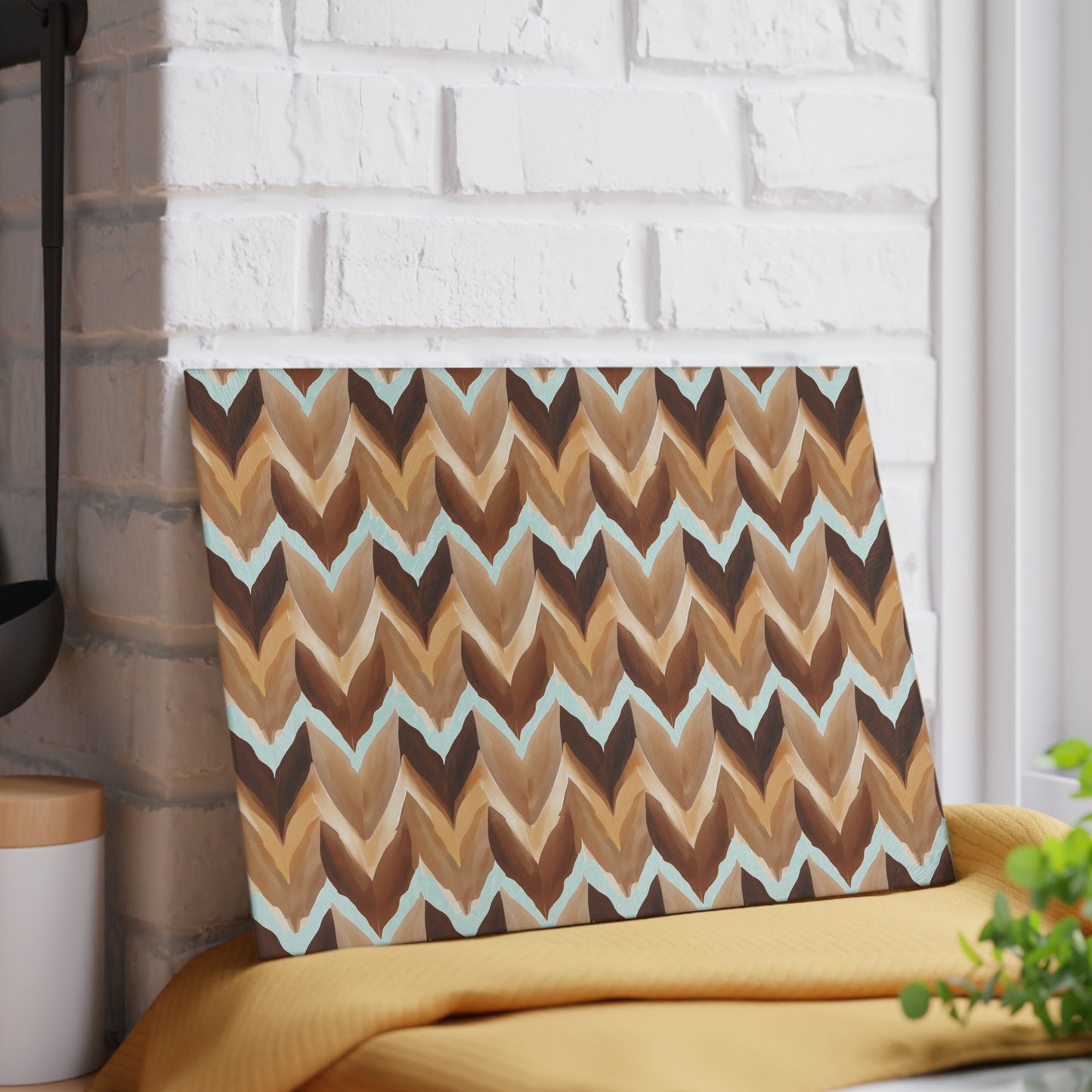 Chevron Brown Glass Cutting Board — Rustic Neutral Kitchen Prep Surface