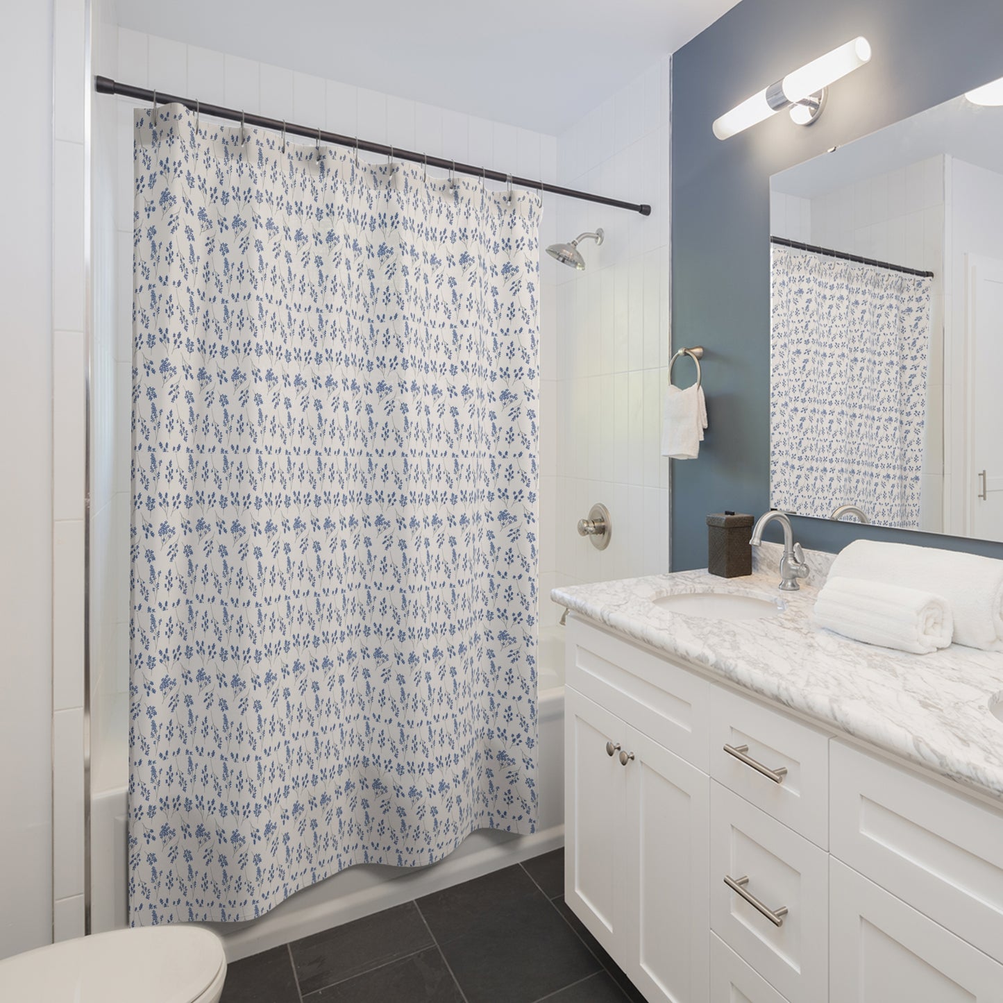 Blue Floral Shower Curtain – Vintage Ditsy Pattern for Cottage, Coastal & Farmhouse Bathrooms