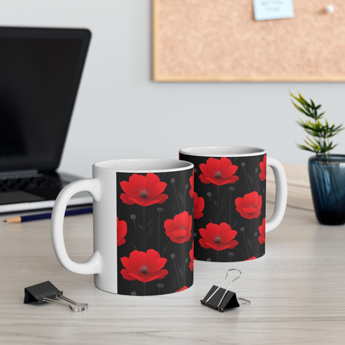 Red Poppy Floral Mug — Black Background Ceramic Coffee Cup (11oz, 15oz)