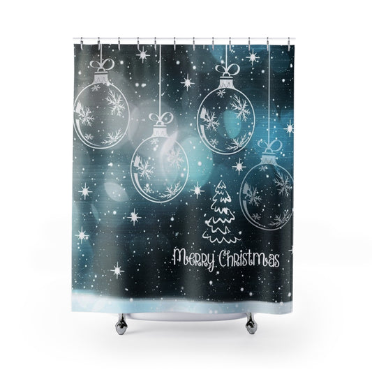Christmas Shower Curtain with Snowflakes and Ornaments | Holiday Bathroom Decor, Merry Christmas Gift, Festive Home Accessory