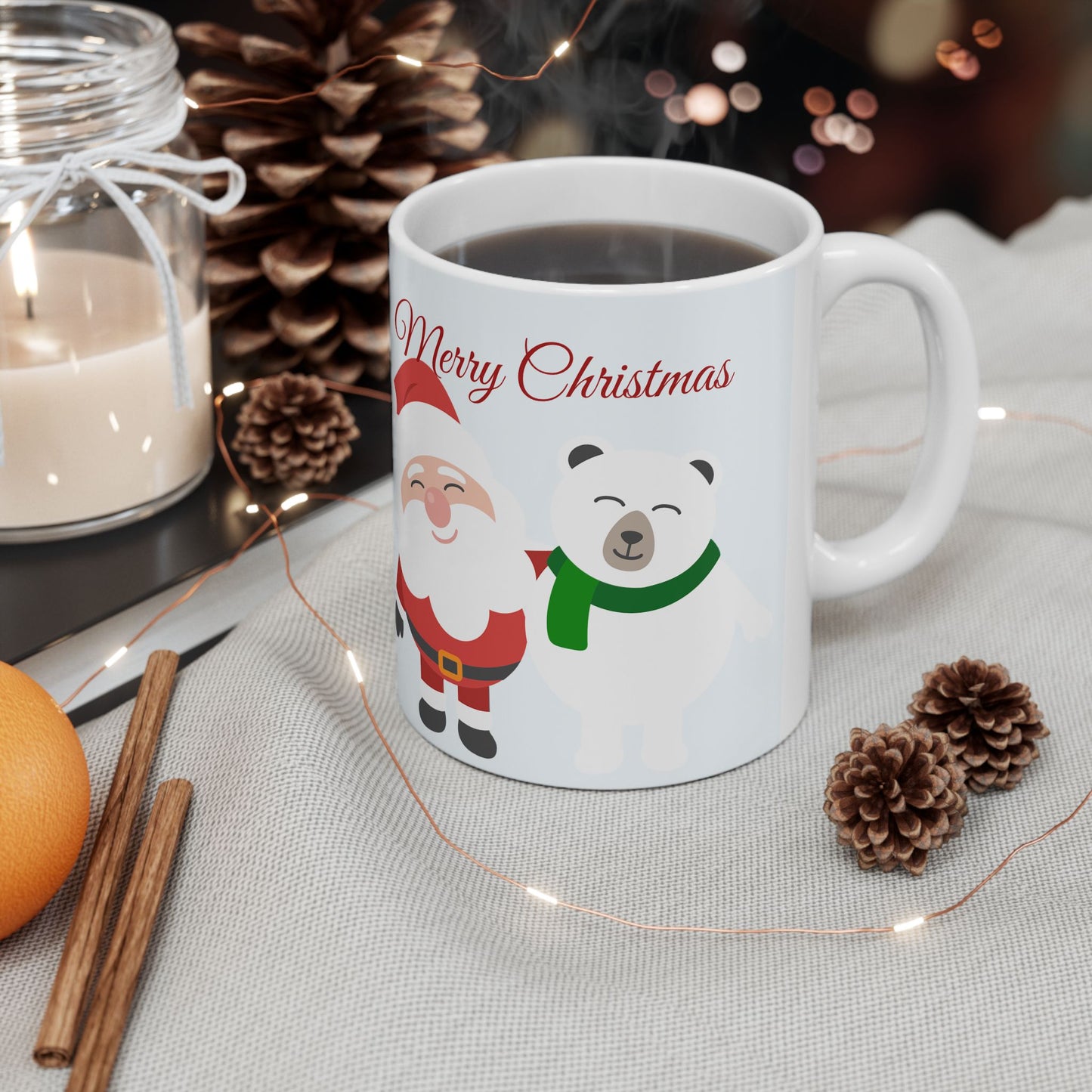 Christmas Santa & Polar Bear Ceramic Mug (11oz/15oz) — "Merry Christmas" Holiday Coffee Cup